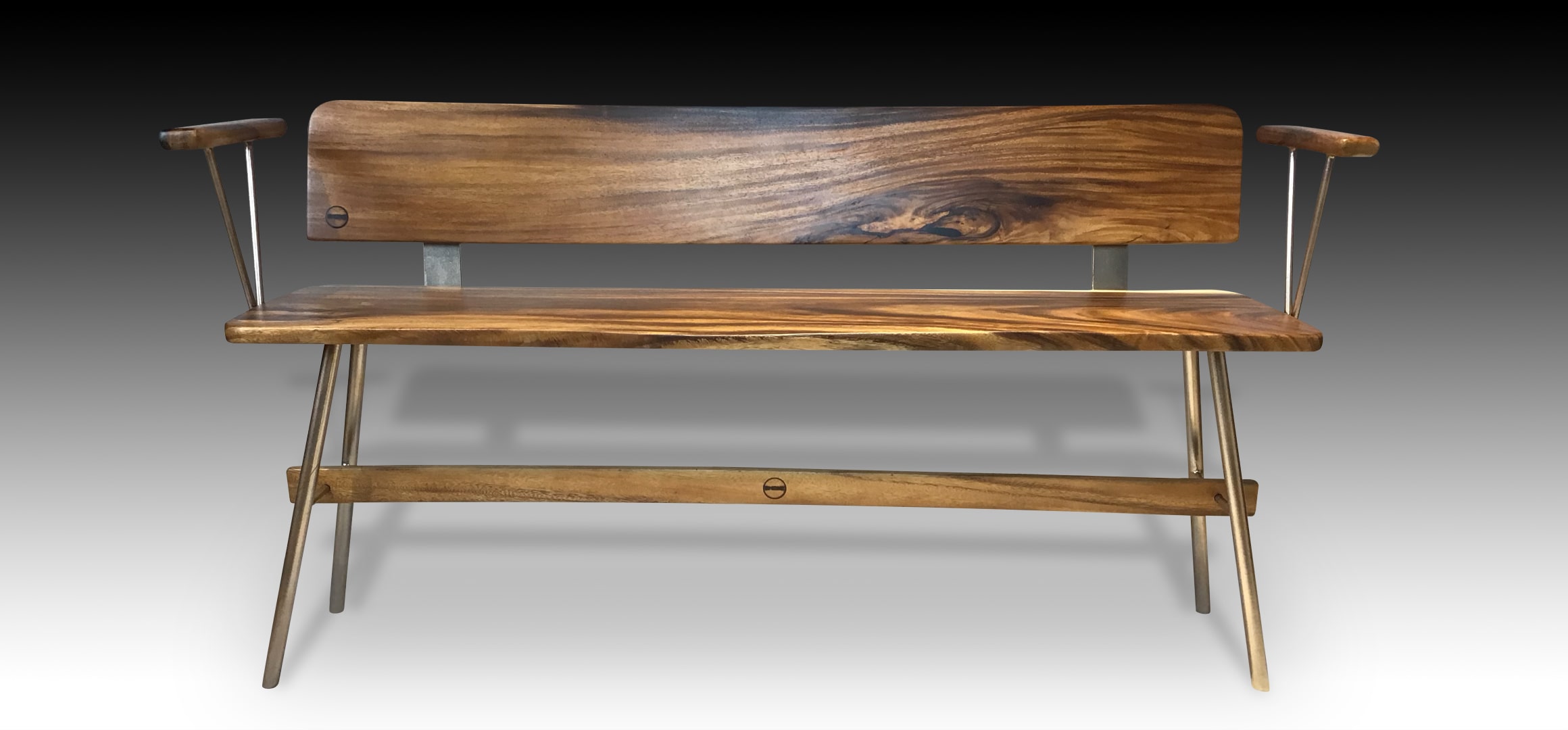 The front view of Suar wood wooden bench with Vernon Rose Gold legs and handle
