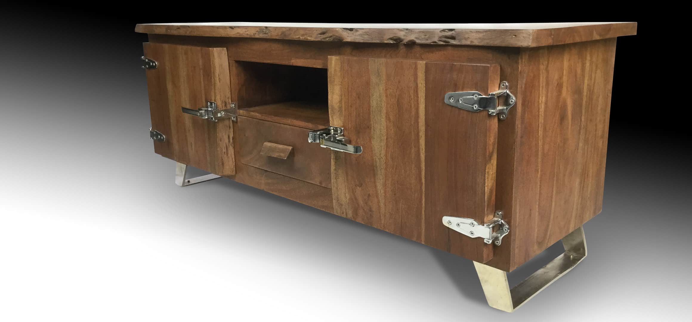 Arnold live edge Mahogany wood console table diagonal view