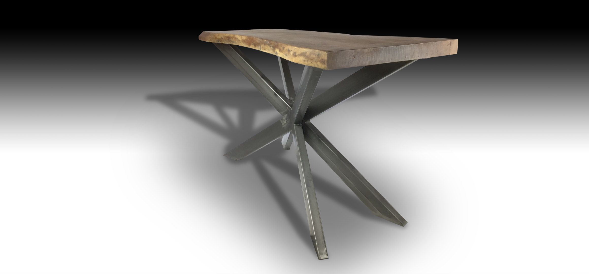 Ivars live edge Acacia wood console Table with cross metal base diagonal view