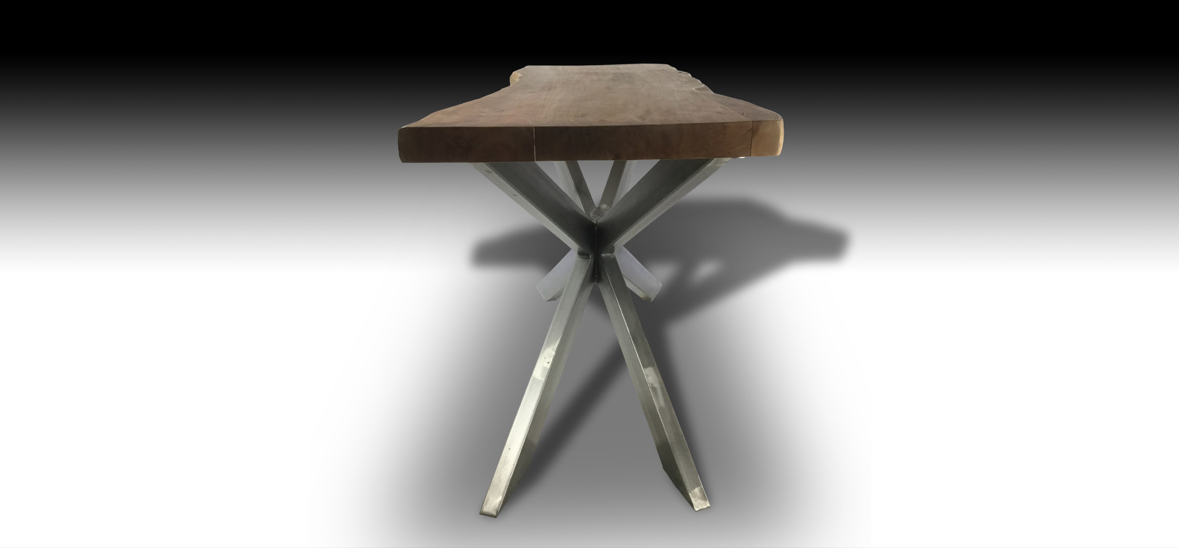 Ivars live edge Acacia wood console Table with cross metal base side view