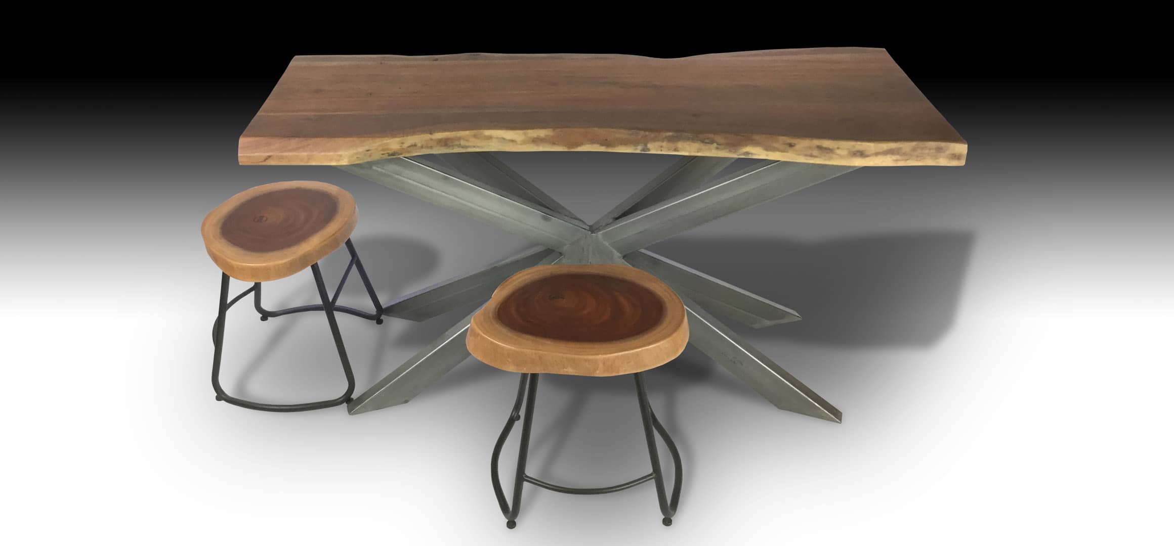 Ivars live edge Acacia wood console table with stools front view
