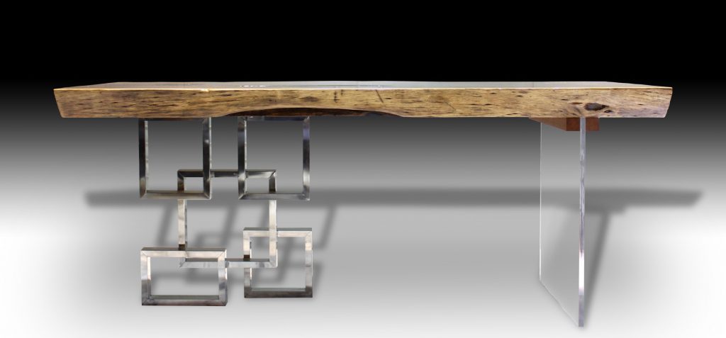 Mandarin live edge Walnut wood dining table with metal and glass base